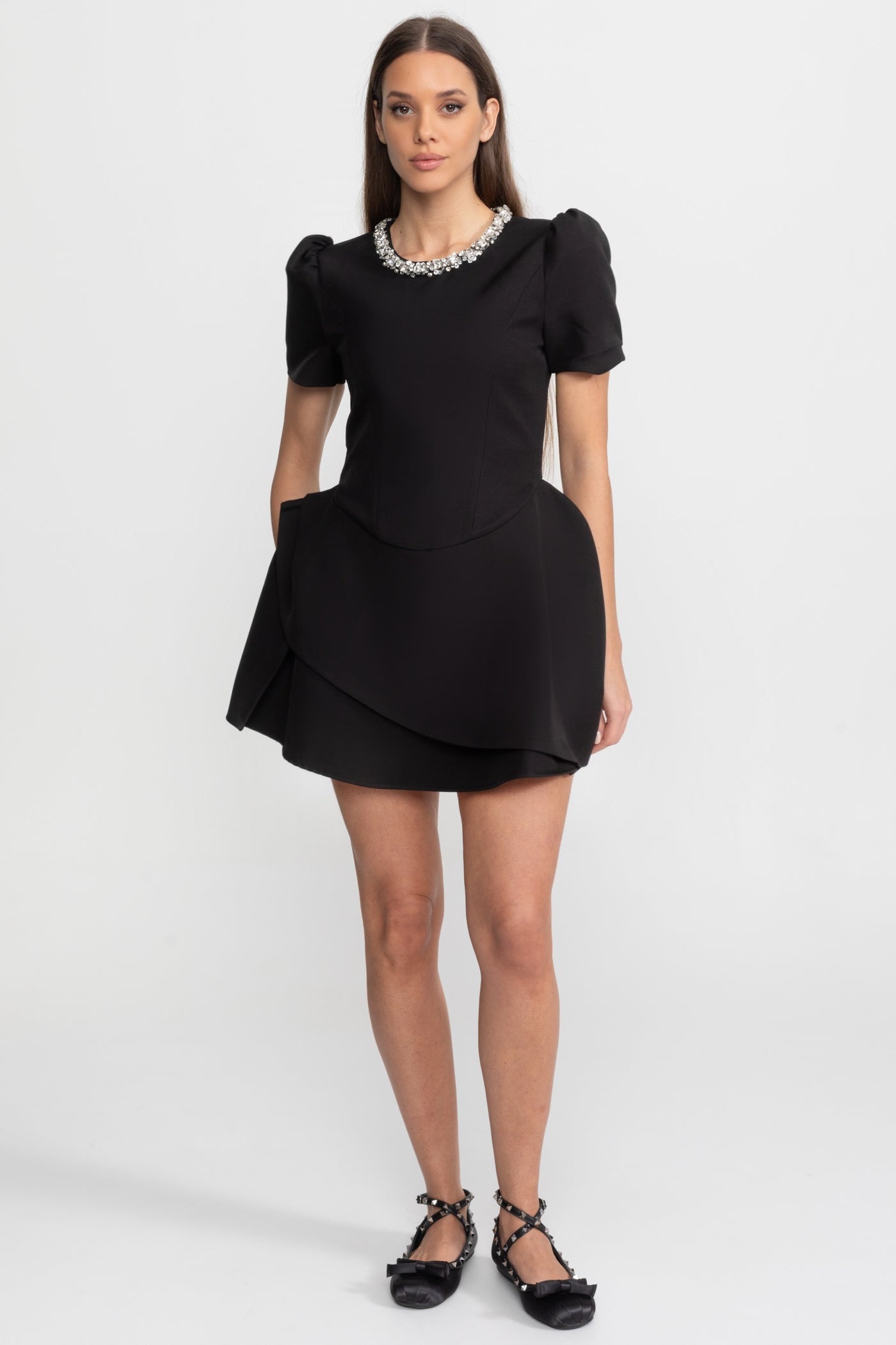 Tailored Mini Dress with Crystal Embellished Neckline – Black