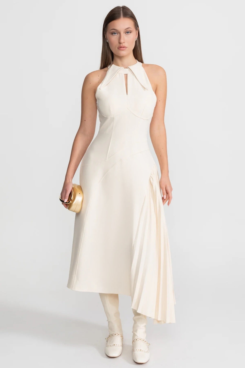 Pleated Halter Midi Dress With Keyhole Detail - Ivory