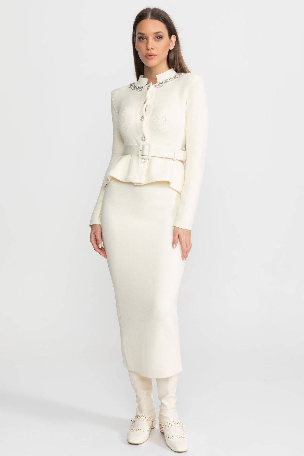 Midi Dress with Peplum Waist and Crystal Collar – Ivory