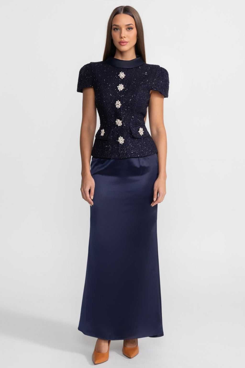 Co-Ord Set with Tweed Embellished Top and Satin Maxi Skirt - Navy