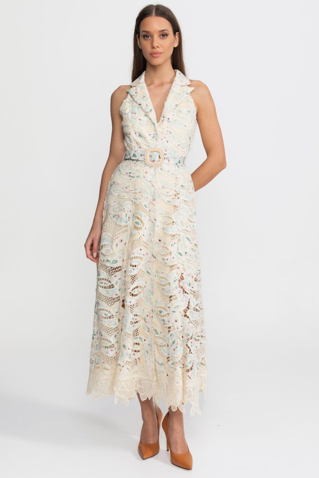 Halter Lace Midi Dress with Belted Waist – Ivory