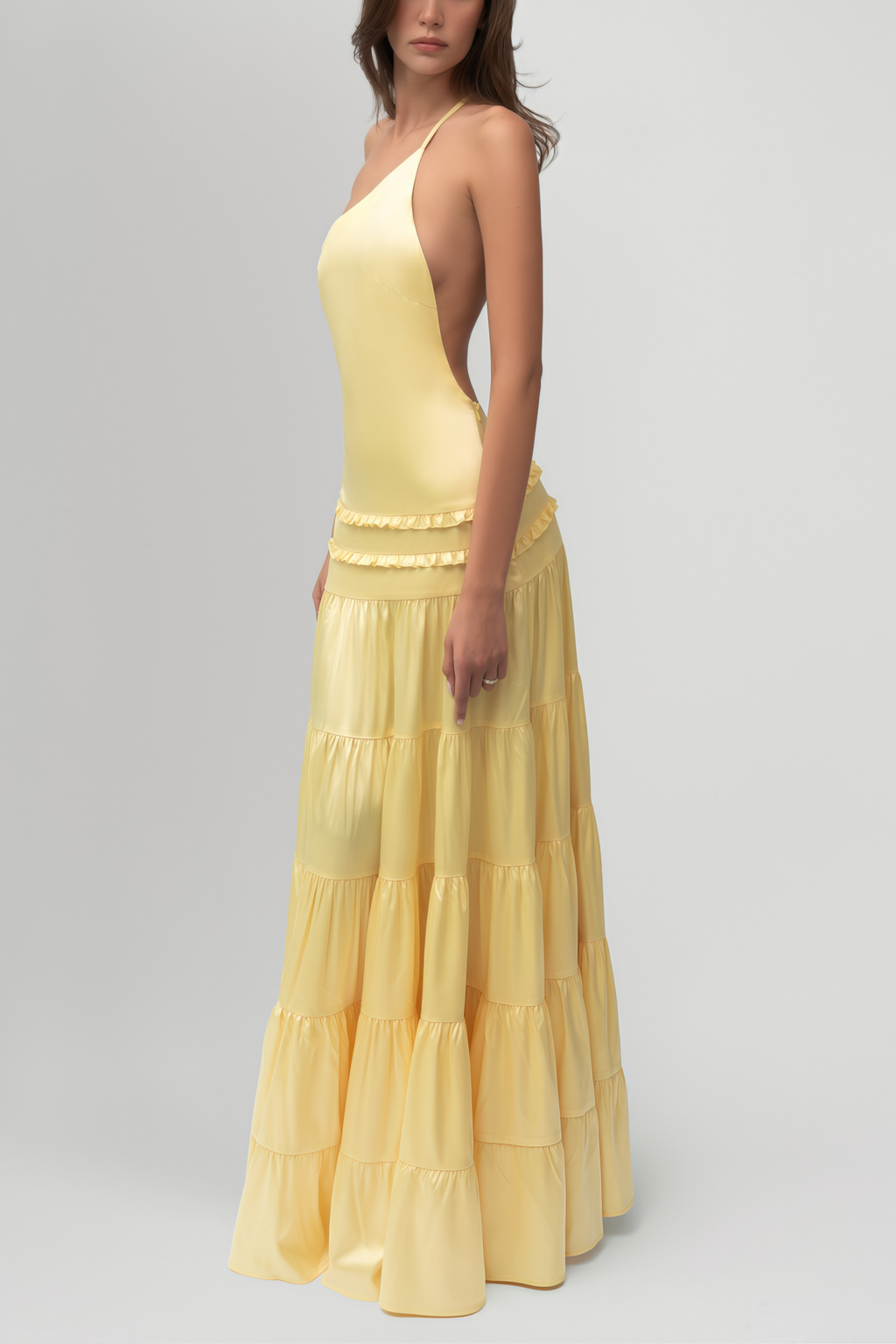 Octavia Yellow One Shoulder Tiered Maxi Dress