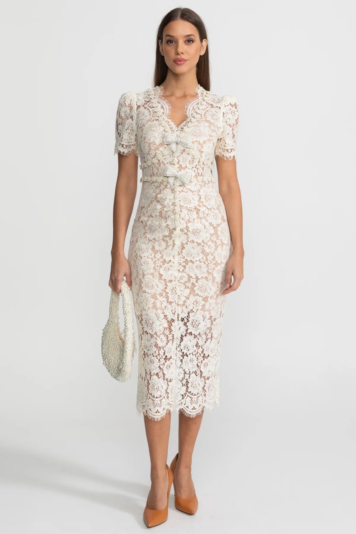 Embellished Lace Midi Dress With Bow Detailing – Ivory