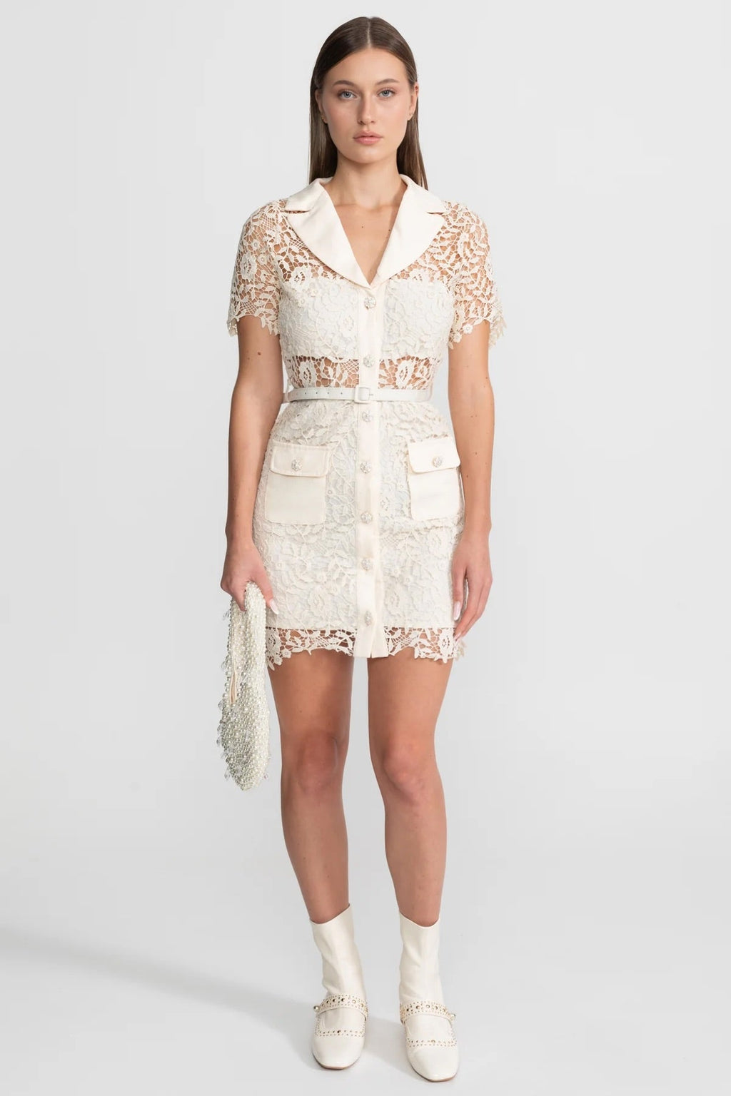 Lace Mini Dress with Contrast Collar and Jewel Buttons - Ivory
