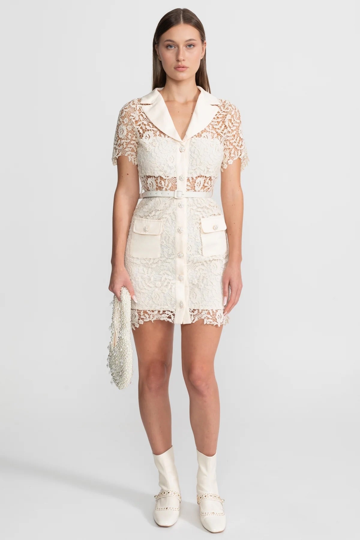Lace Mini Dress with Contrast Collar and Jewel Buttons - Ivory