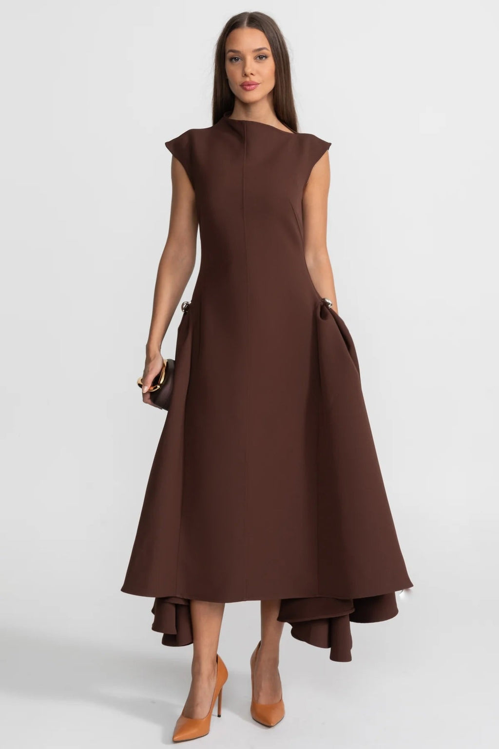 Structured Midi Dress with High-Low Hem and Metal Ring Details - Brown