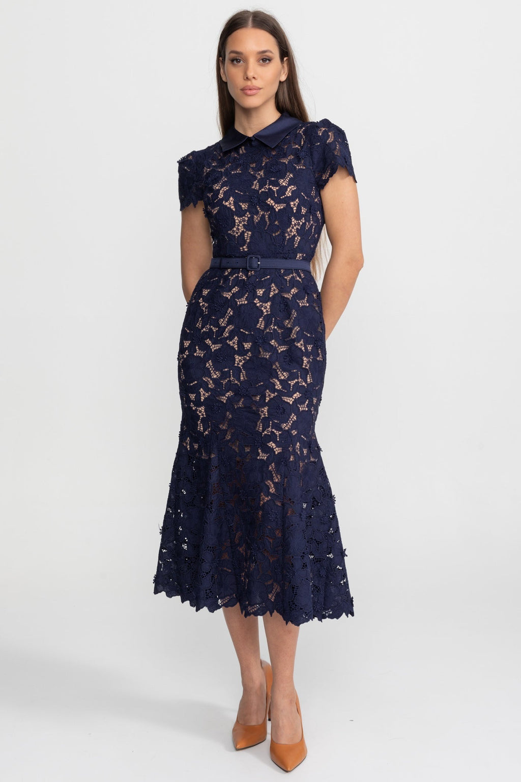 Lace Midi Dress with Belted Waist and Collared Neckline – Navy Blue
