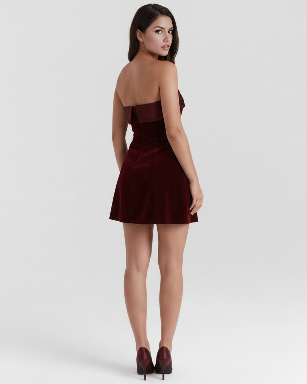 Valentina Bandeau Mini Dress with Fold Detail in Deep Burgundy