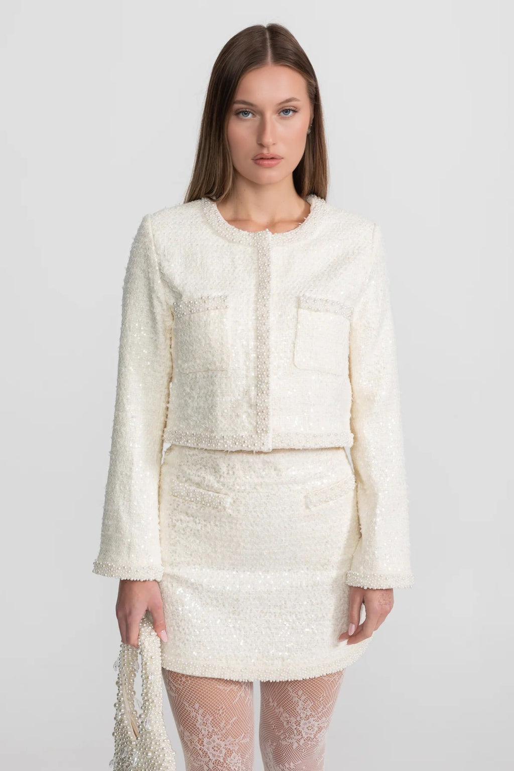 Tweed Two-Piece Set With Beaded Trim And Hemline - Ivory