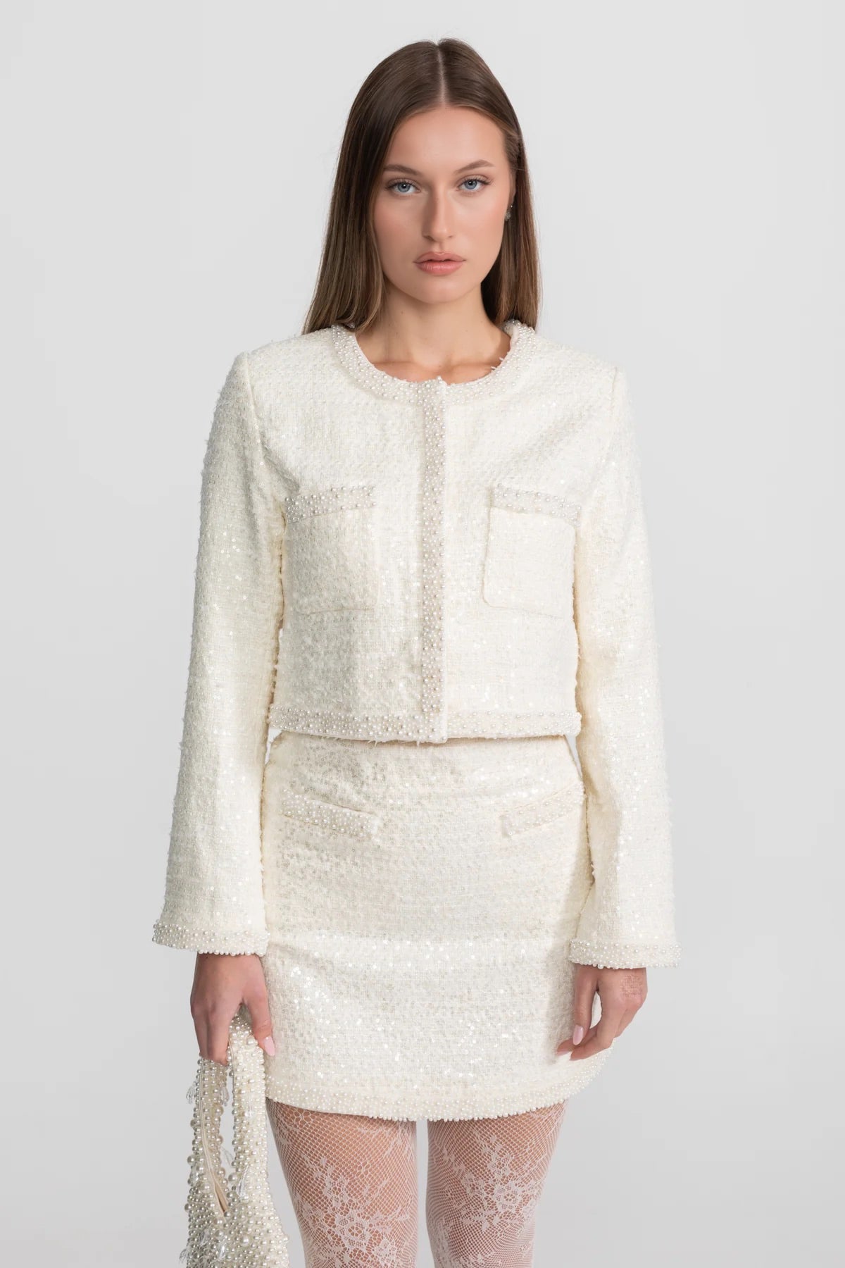 Tweed Two-Piece Set With Beaded Trim And Hemline - Ivory