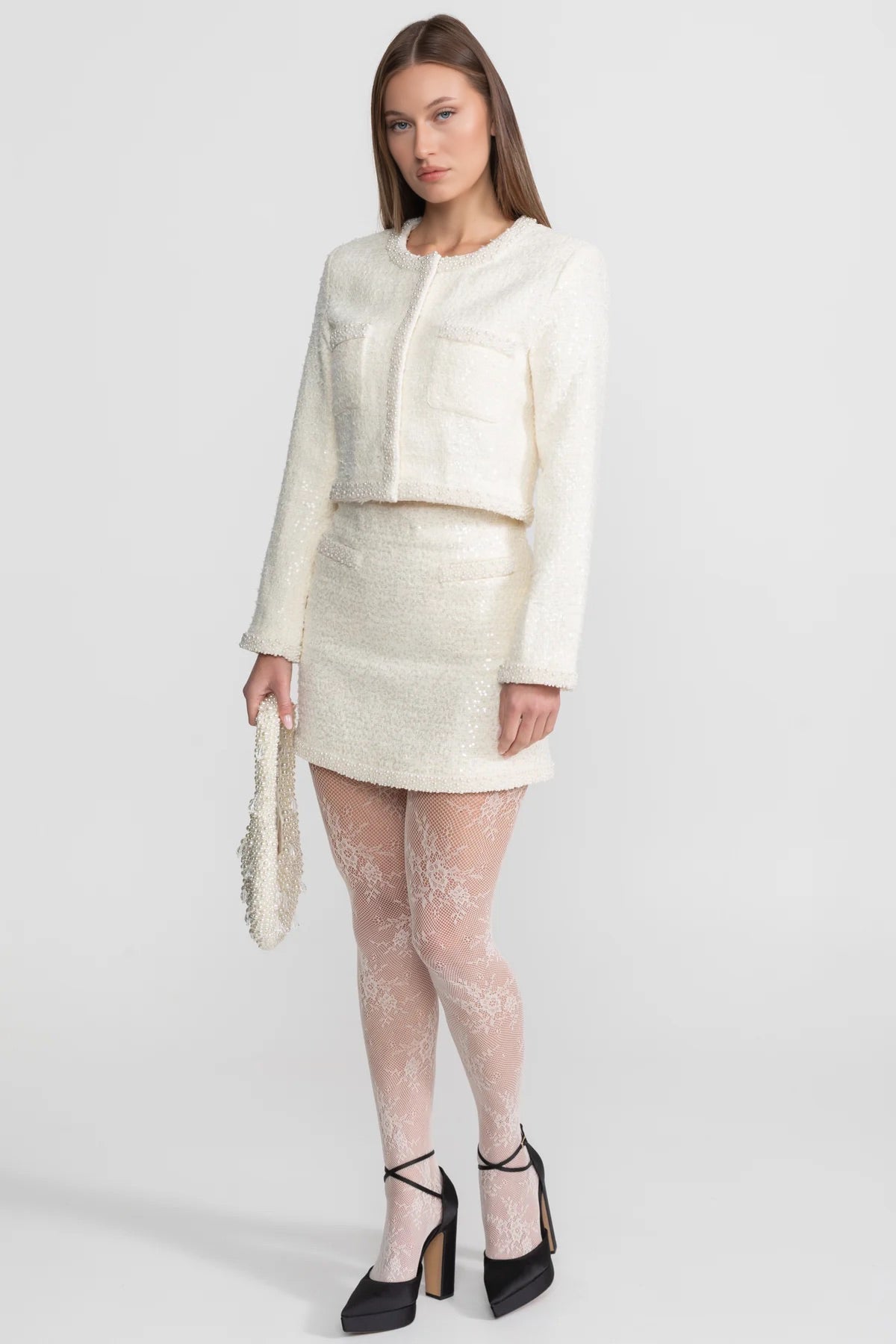 Tweed Two-Piece Set With Beaded Trim And Hemline - Ivory