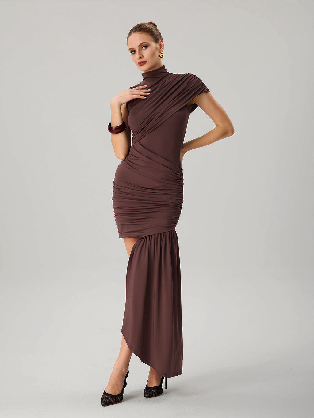 Fauna High Neck Ruched Asymmetric Dress