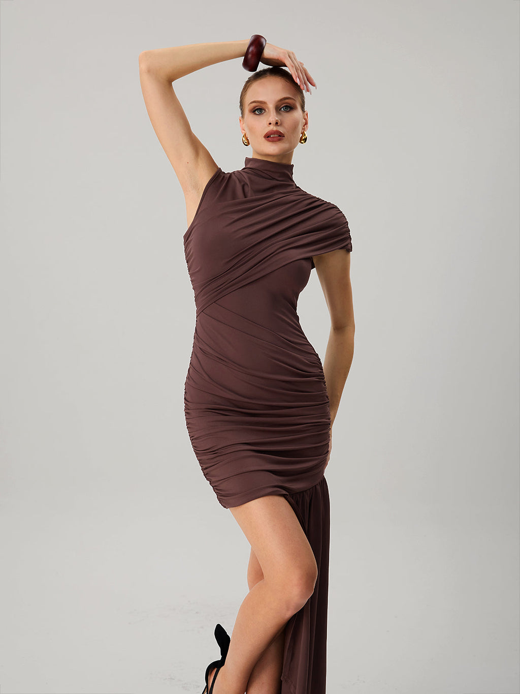 Fauna High Neck Ruched Asymmetric Dress