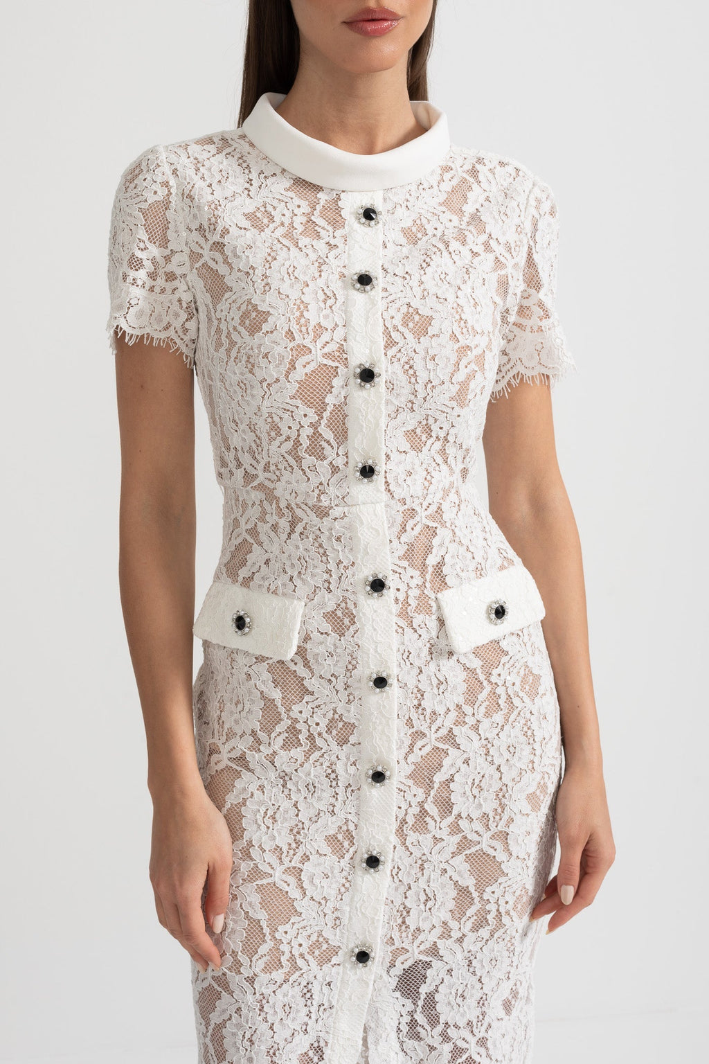Elegant Short Sleeve Lace Dress With Matching Waist Belt - White