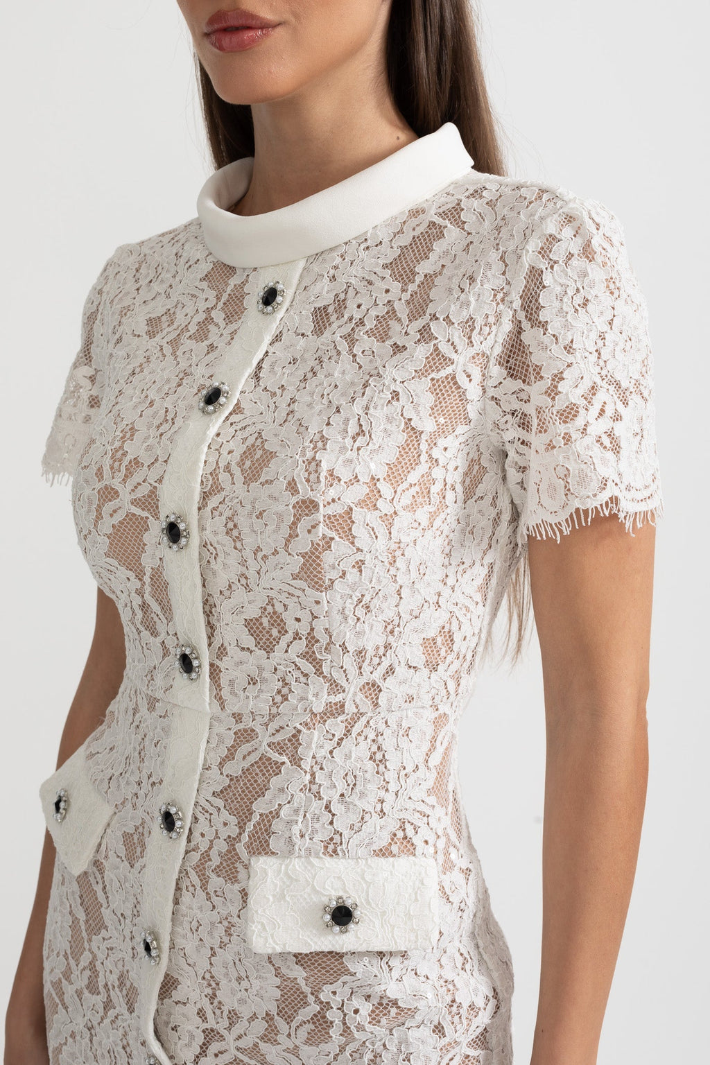 Elegant Short Sleeve Lace Dress With Matching Waist Belt - White