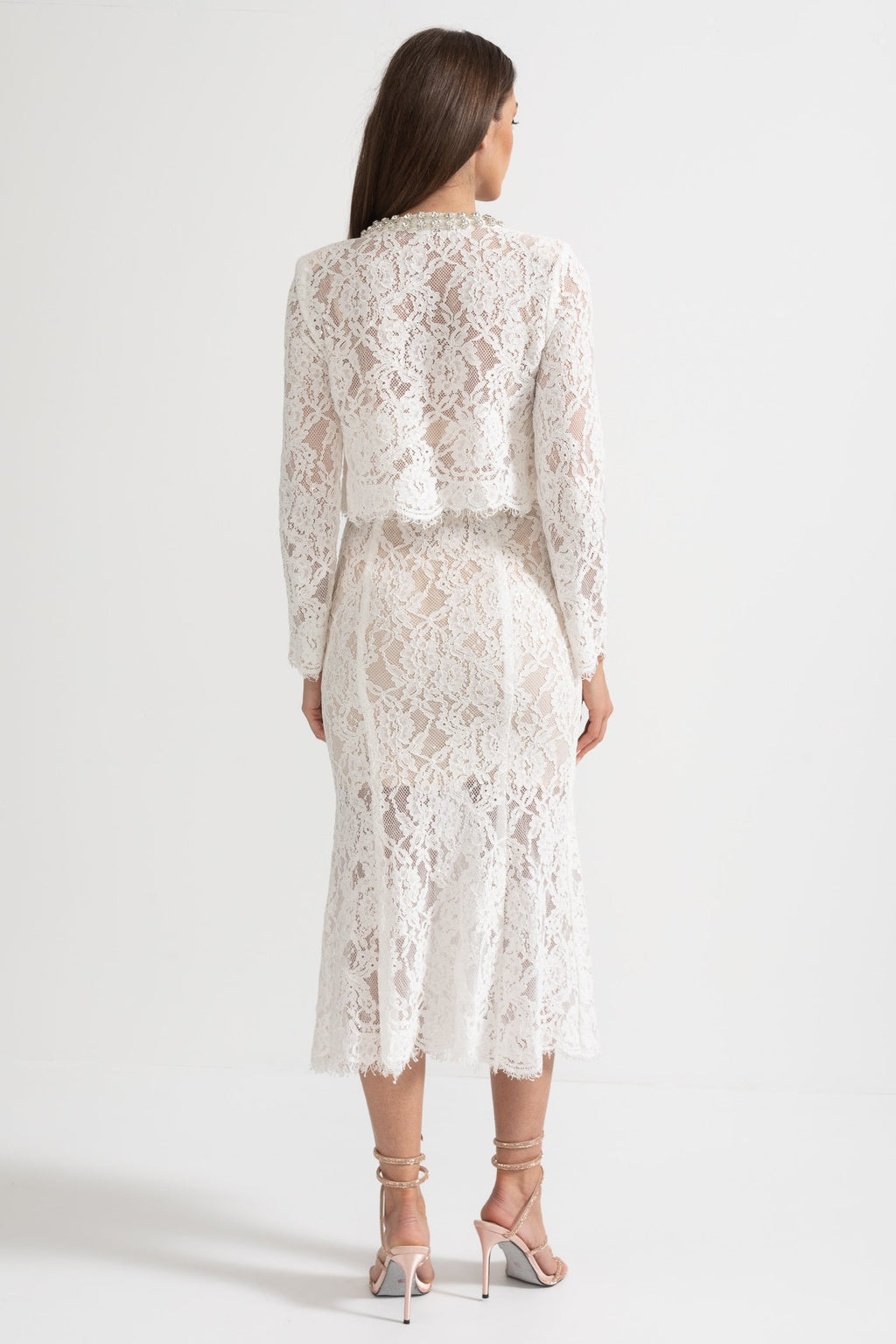 Lace Co-Ord With Sparkling Neckline Embellishments And Midi Skirt - White