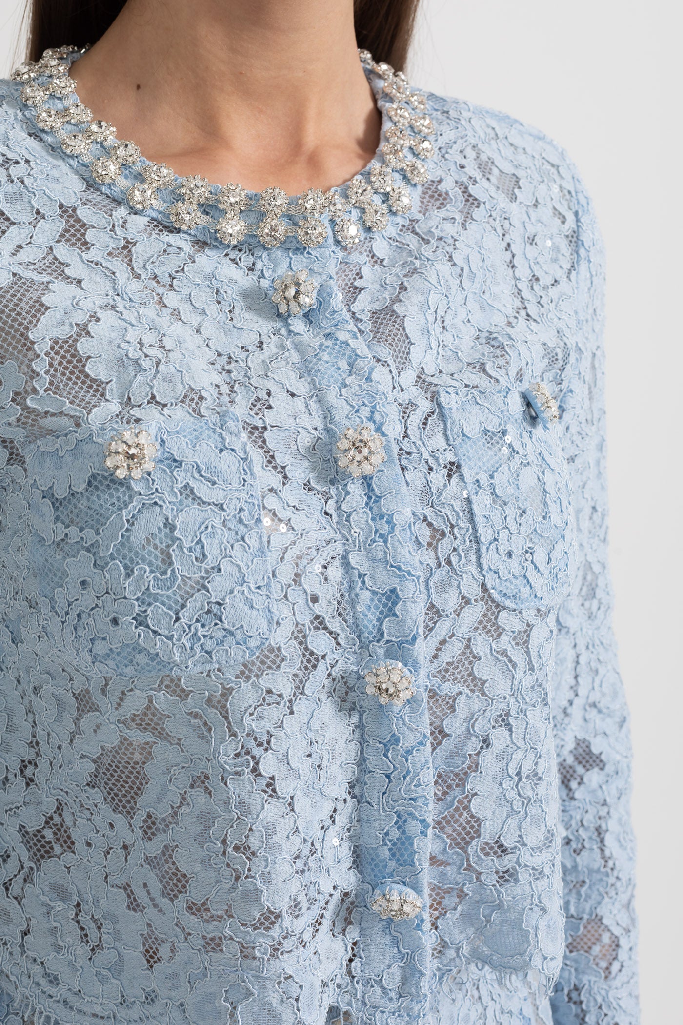 Lace Co-Ord With Sparkling Neckline Embellishments And Midi Skirt - Blue