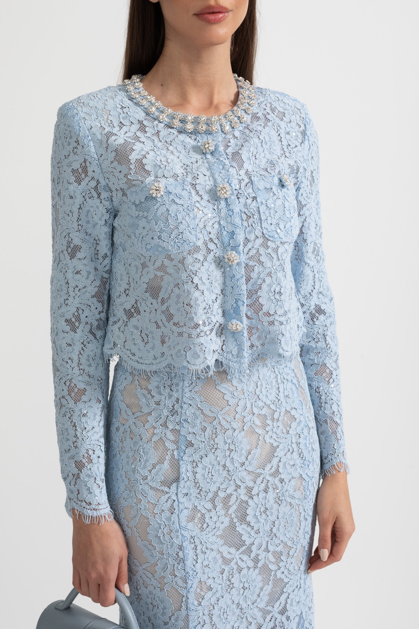 Lace Co-Ord With Sparkling Neckline Embellishments And Midi Skirt - Blue