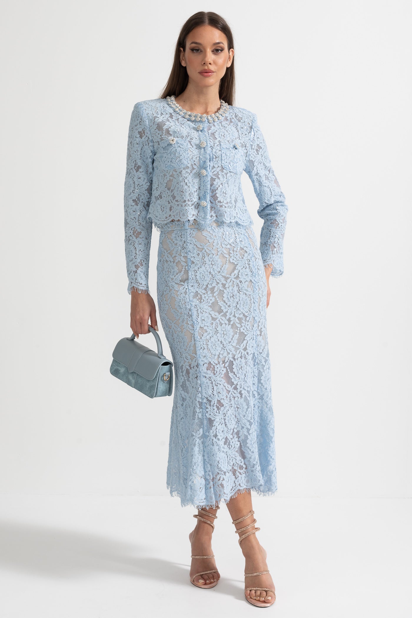 Lace Co-Ord With Sparkling Neckline Embellishments And Midi Skirt - Blue