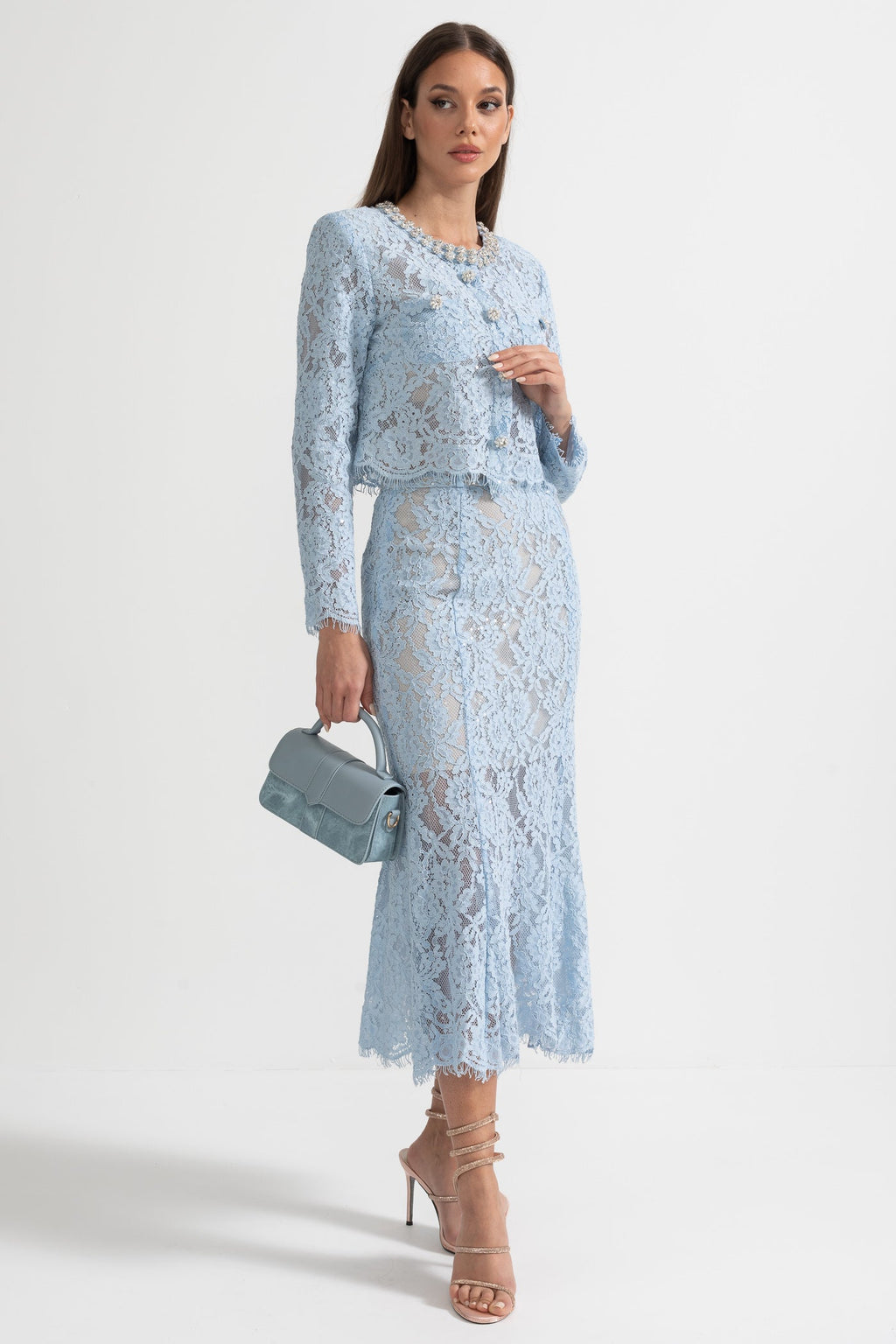Lace Co-Ord With Sparkling Neckline Embellishments And Midi Skirt - Blue