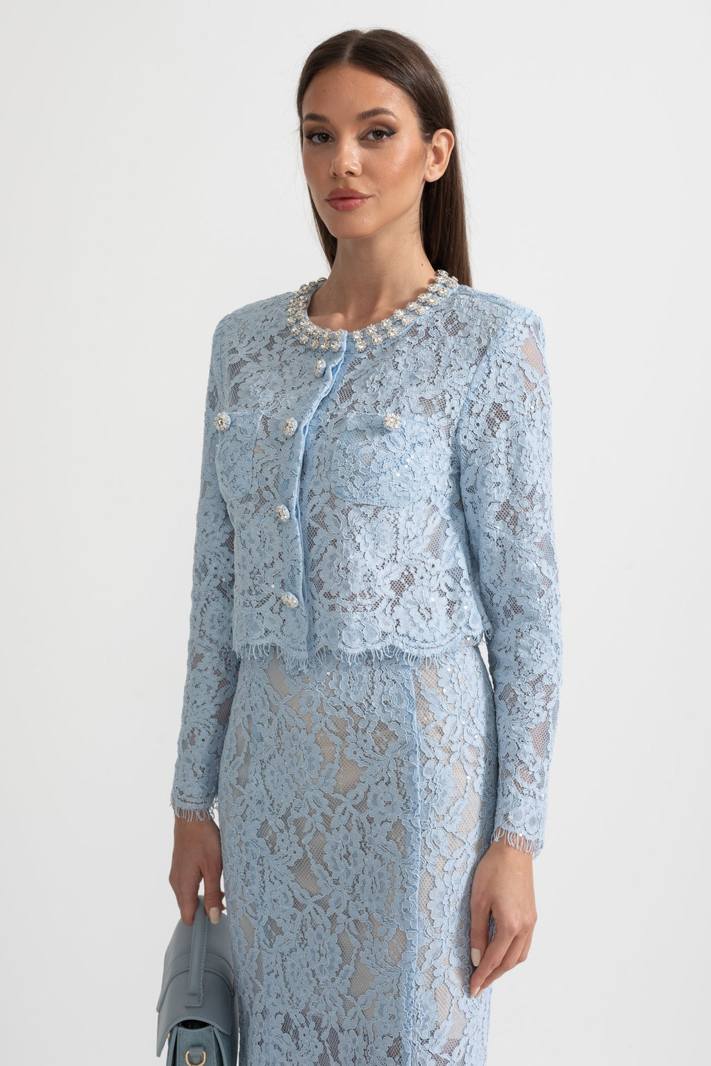 Lace Co-Ord With Sparkling Neckline Embellishments And Midi Skirt - Blue