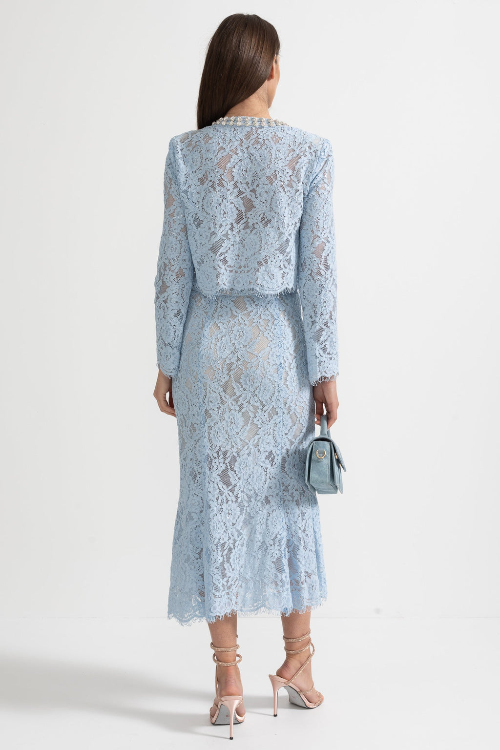 Lace Co-Ord With Sparkling Neckline Embellishments And Midi Skirt - Blue