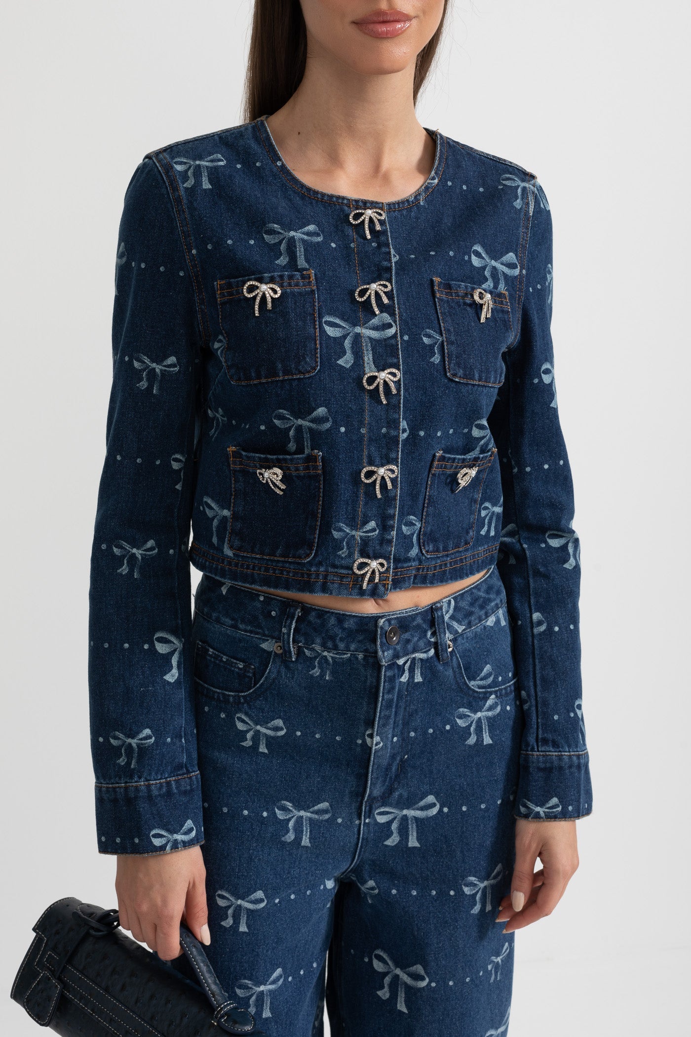 Denim Co-Ordinate Ensemble With Long Sleeved Jacket And Wide-Leg Jeans - Blue