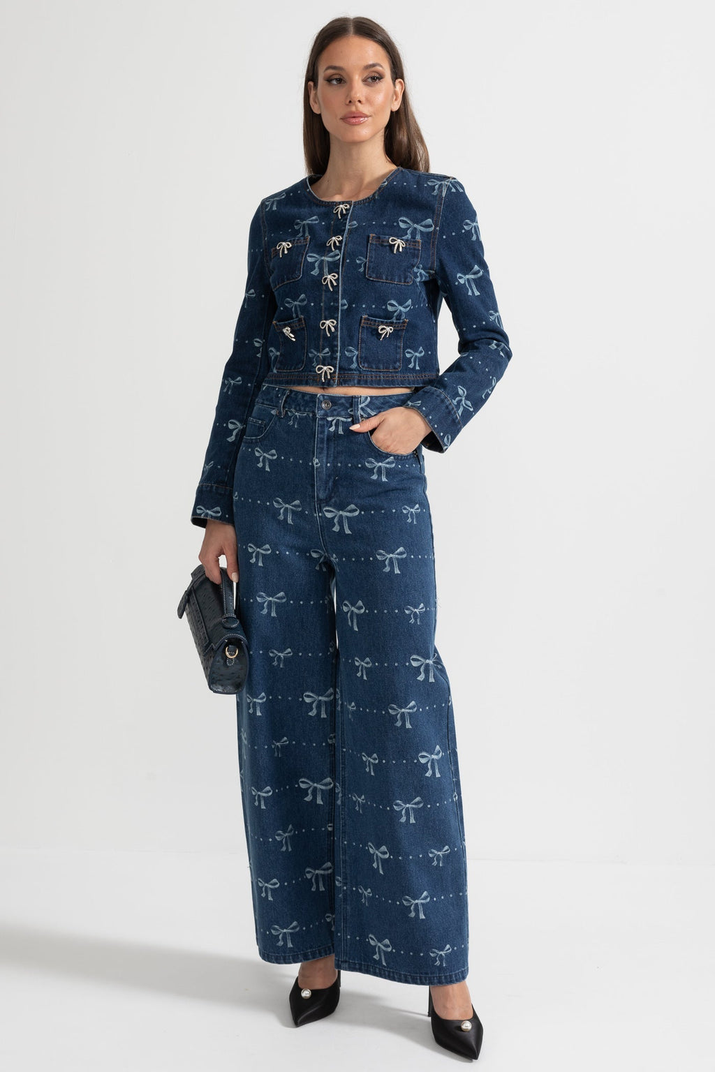 Denim Co-Ordinate Ensemble With Long Sleeved Jacket And Wide-Leg Jeans - Blue