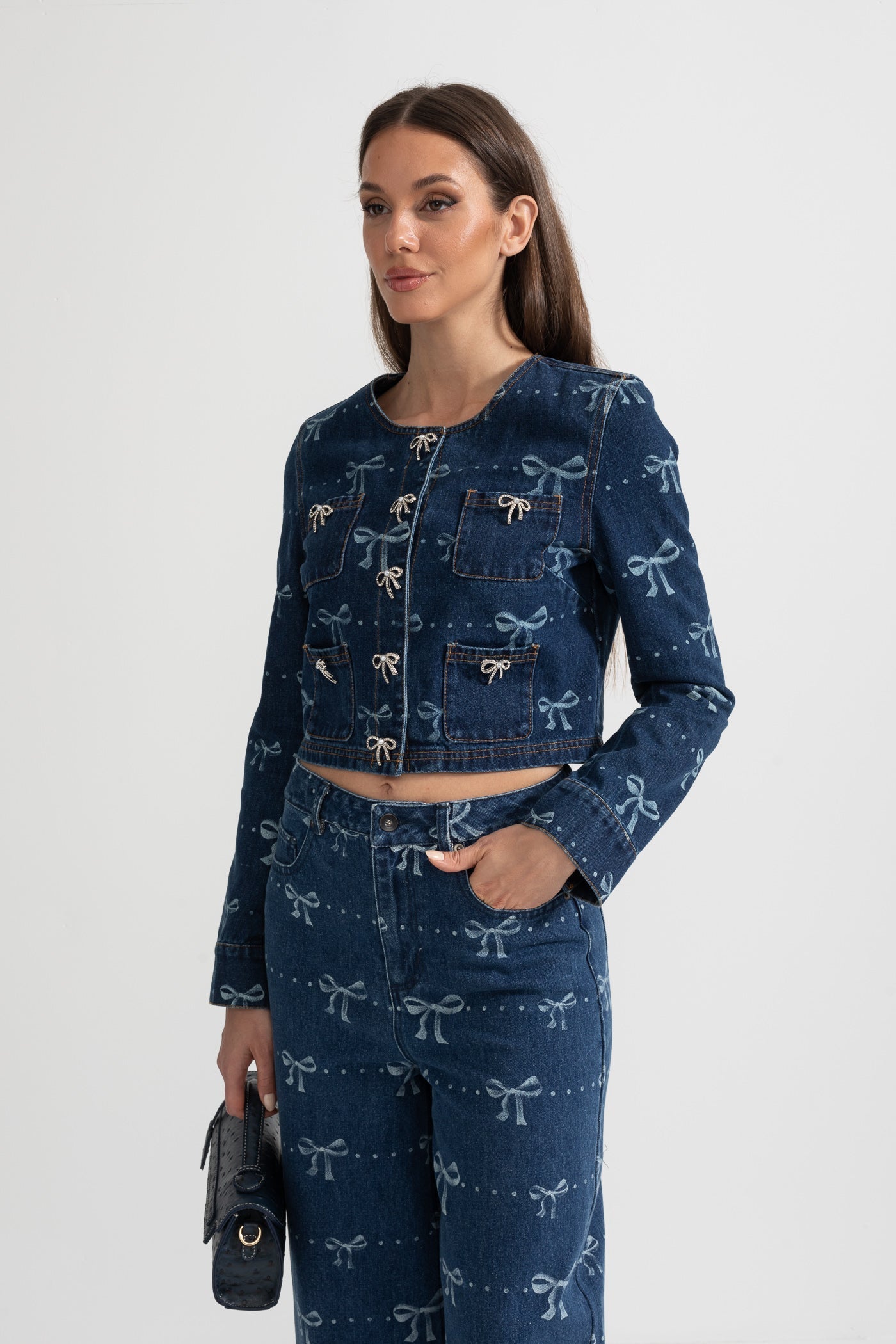 Denim Co-Ordinate Ensemble With Long Sleeved Jacket And Wide-Leg Jeans - Blue