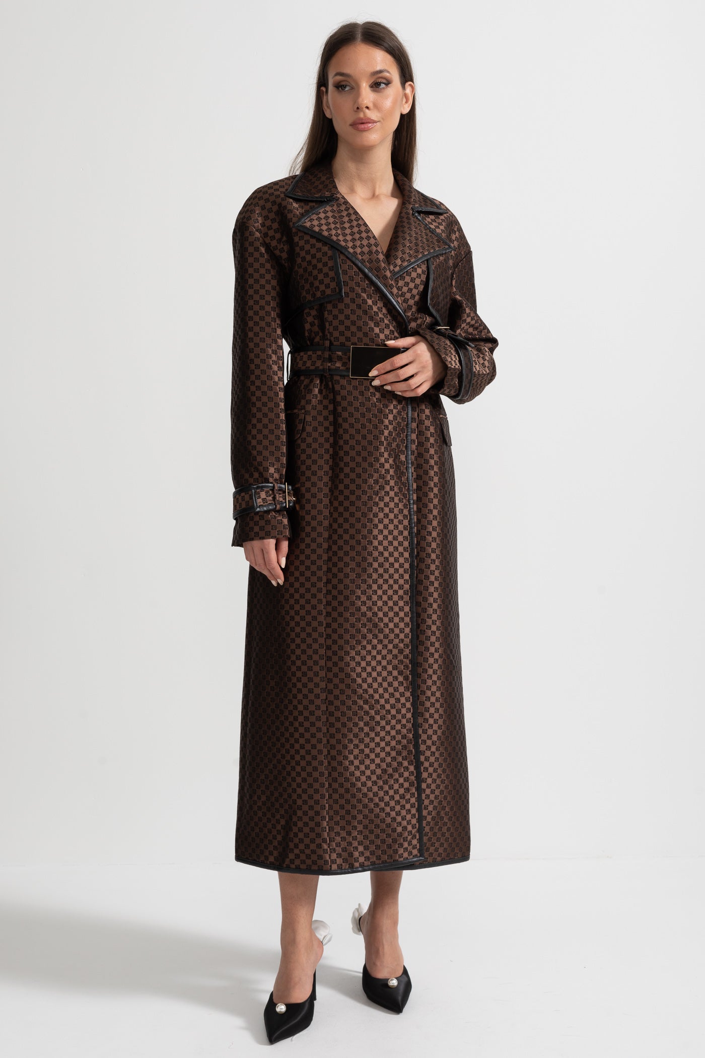 Jacquard Trench Coat With Gold Buckle Waist Belt - Brown
