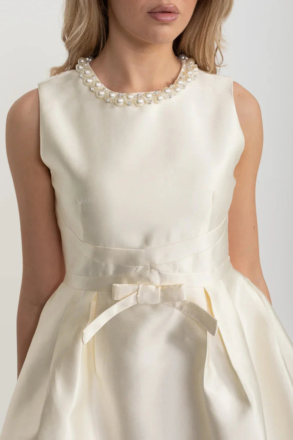 Elegant Fitted Dress With Pearl-Embellished Neckline - Ivory