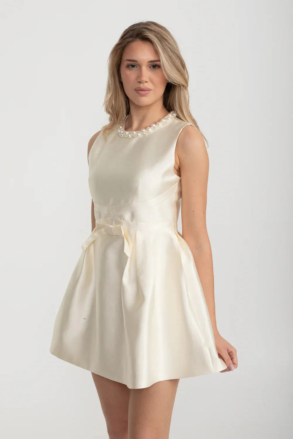 Elegant Fitted Dress With Pearl-Embellished Neckline - Ivory
