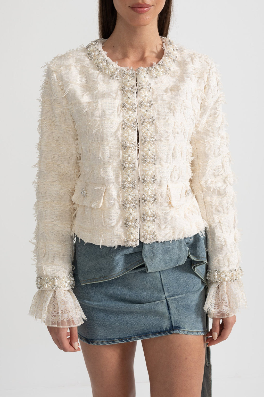 Textured Jacket Top with Pearl and Crystal Embellishments - Ivory