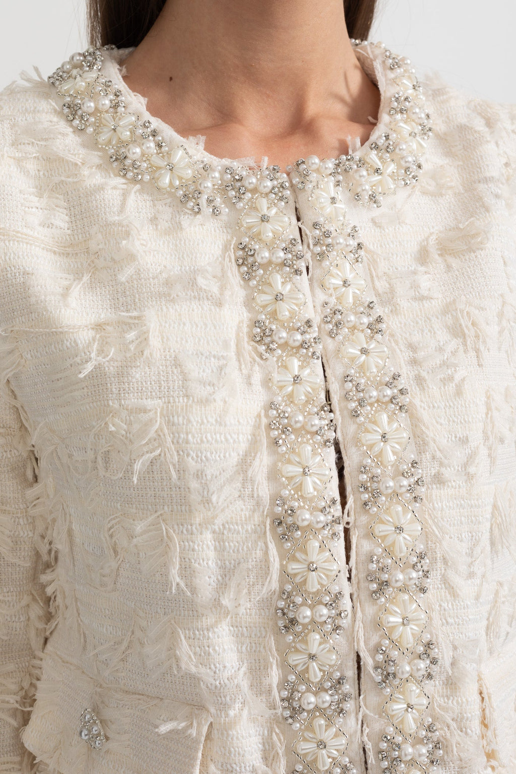 Textured Jacket Top with Pearl and Crystal Embellishments - Ivory