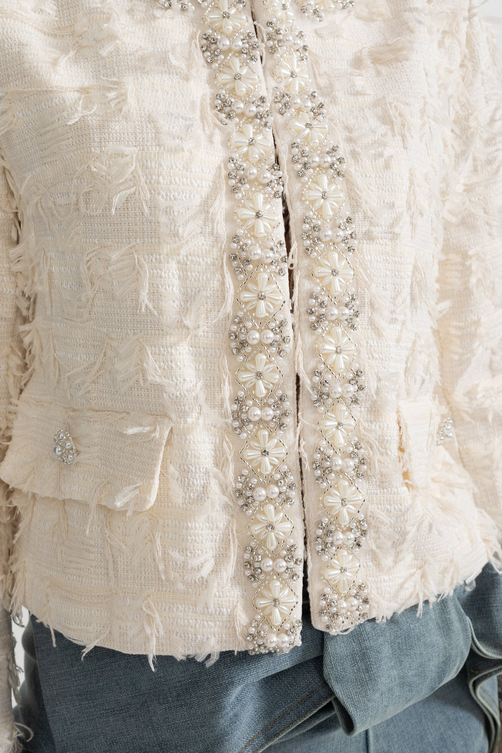 Textured Jacket Top with Pearl and Crystal Embellishments - Ivory