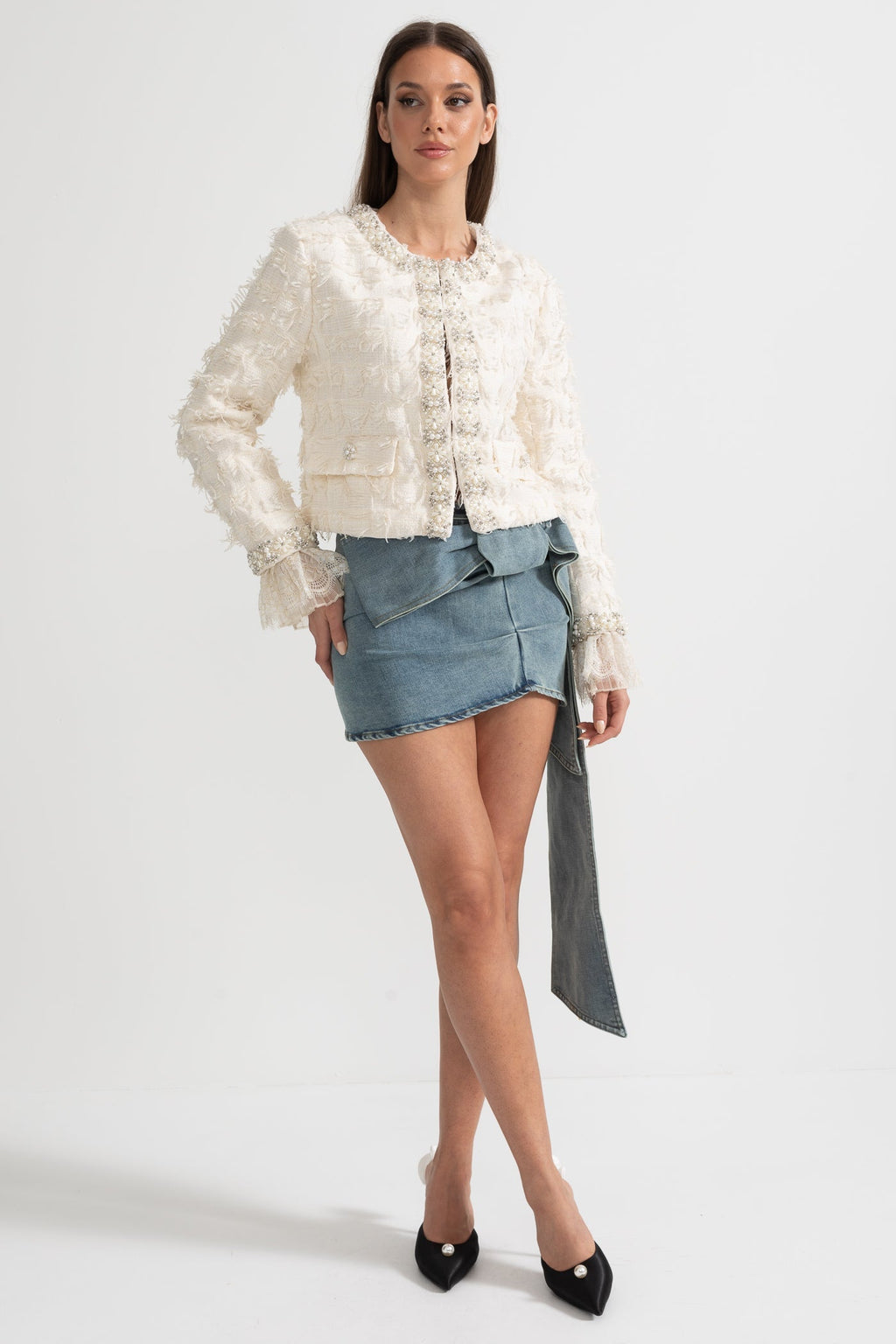 Textured Jacket Top with Pearl and Crystal Embellishments - Ivory