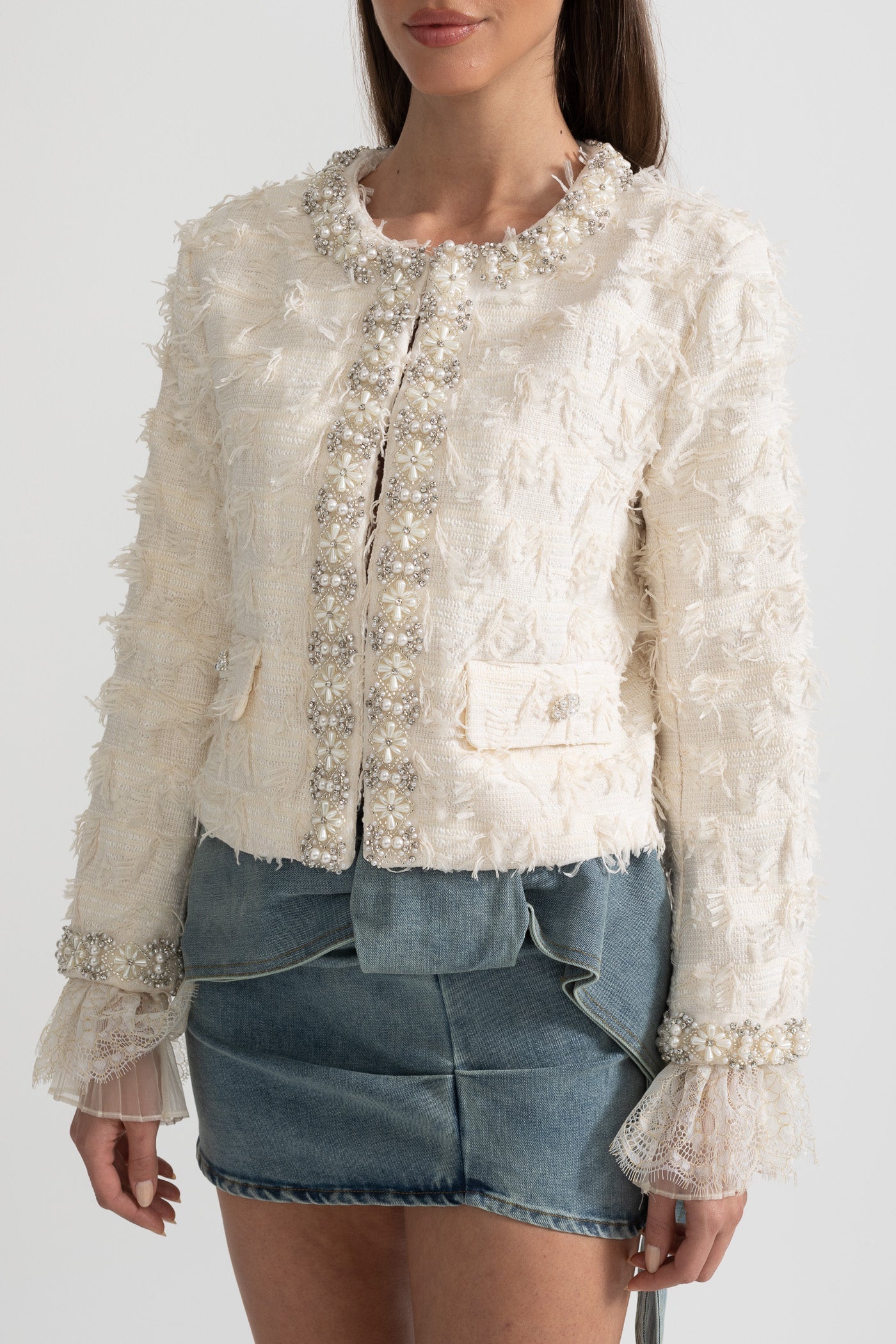 Textured Jacket Top with Pearl and Crystal Embellishments - Ivory