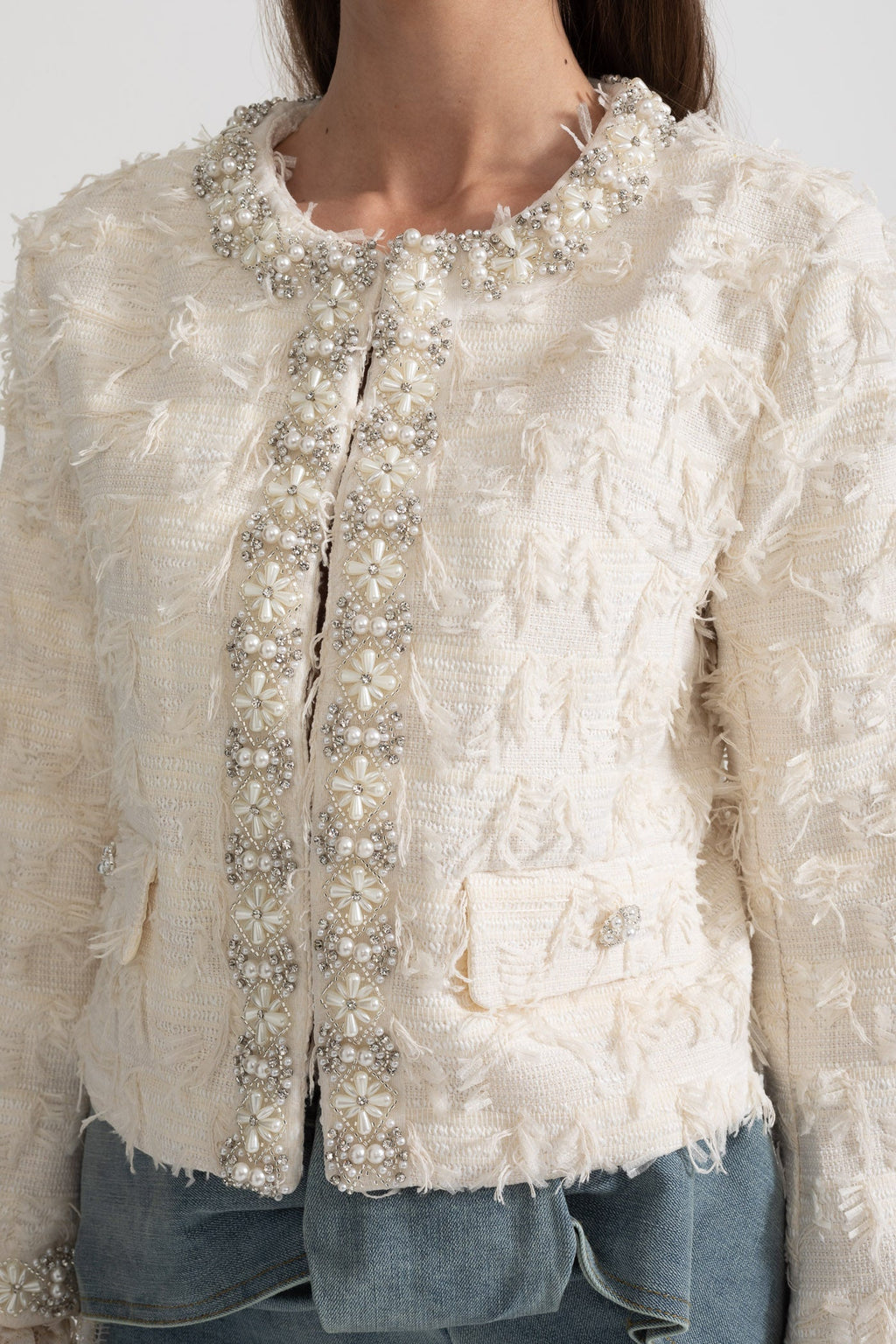 Textured Jacket Top with Pearl and Crystal Embellishments - Ivory