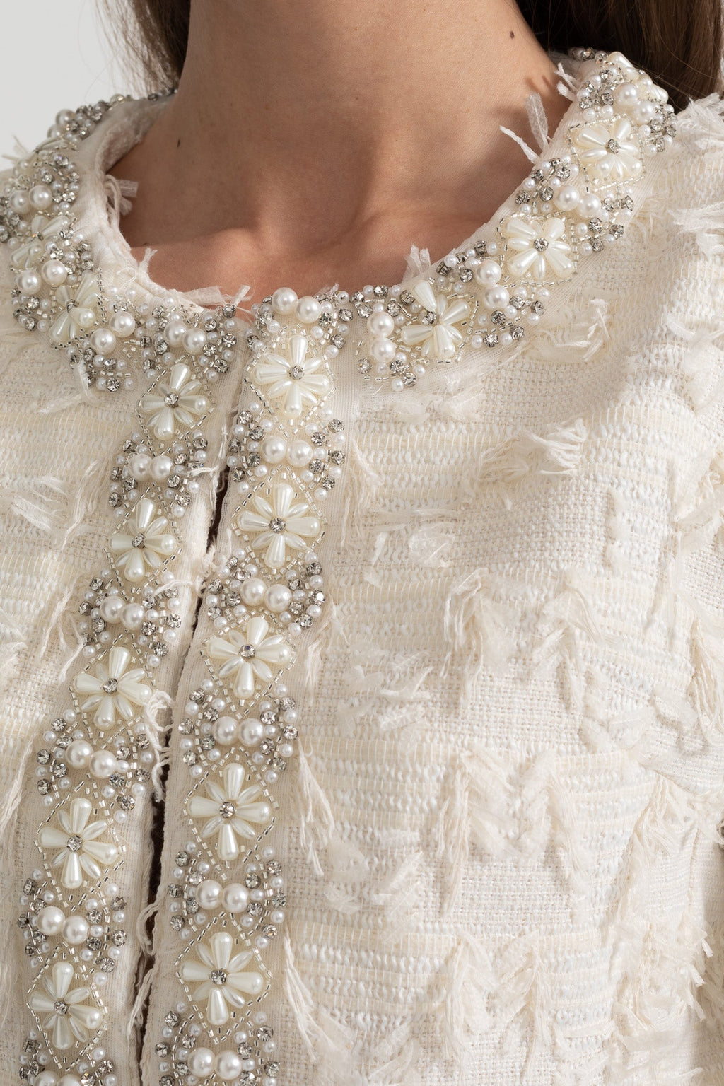 Textured Jacket Top with Pearl and Crystal Embellishments - Ivory