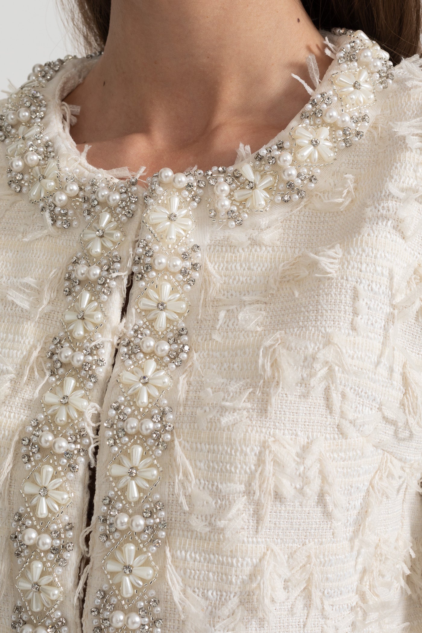 Textured Jacket Top with Pearl and Crystal Embellishments - Ivory