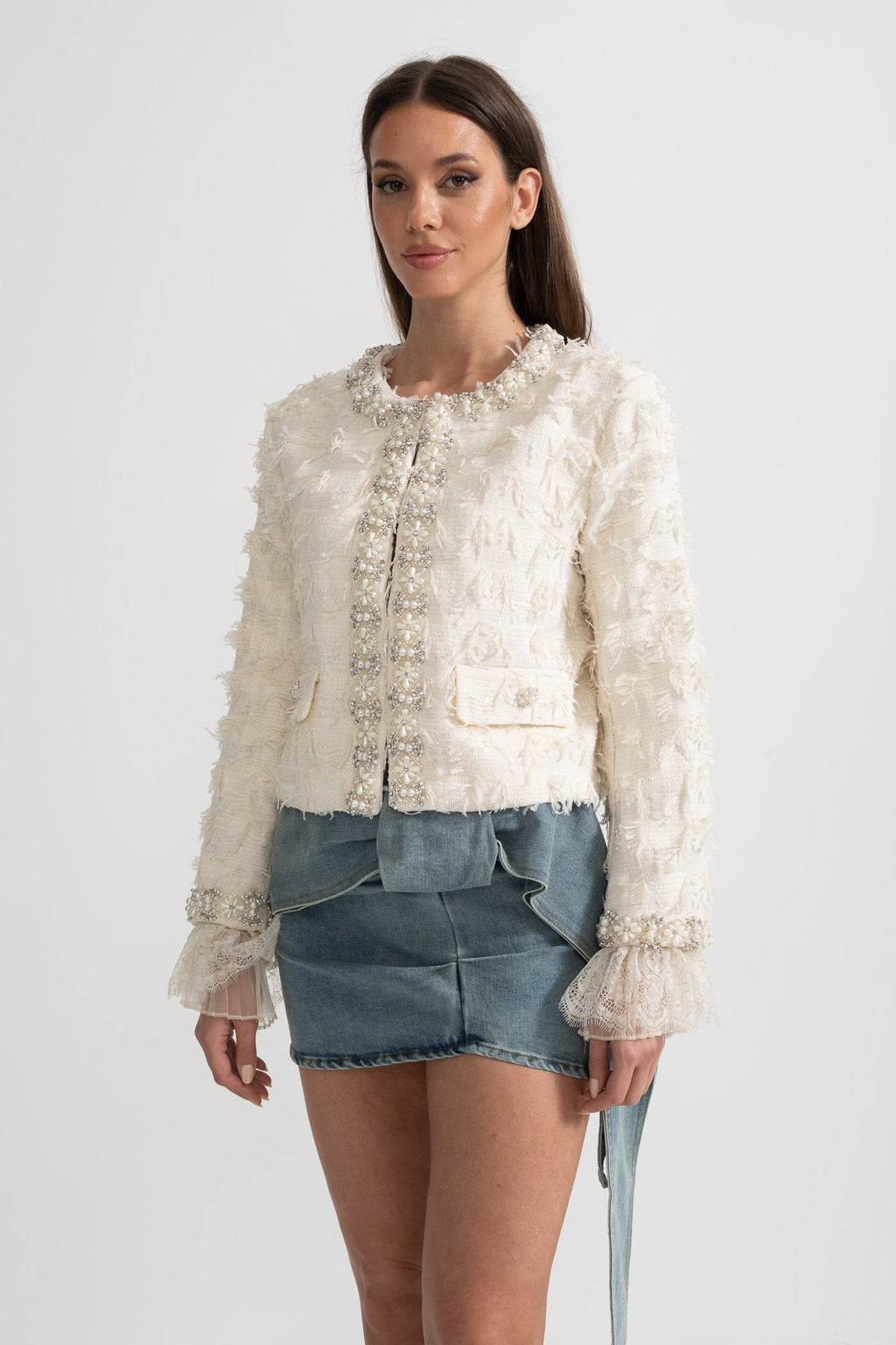Textured Jacket Top with Pearl and Crystal Embellishments - Ivory
