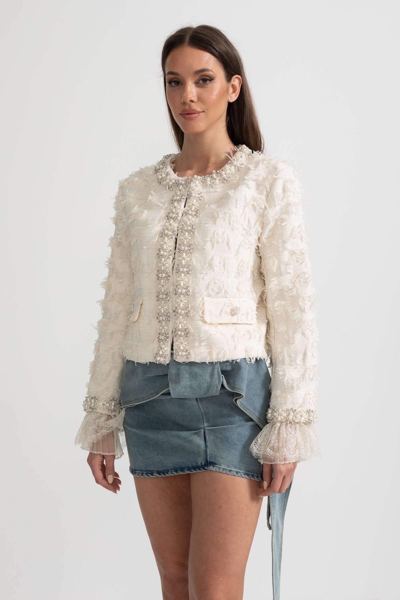 Textured Jacket Top with Pearl and Crystal Embellishments - Ivory