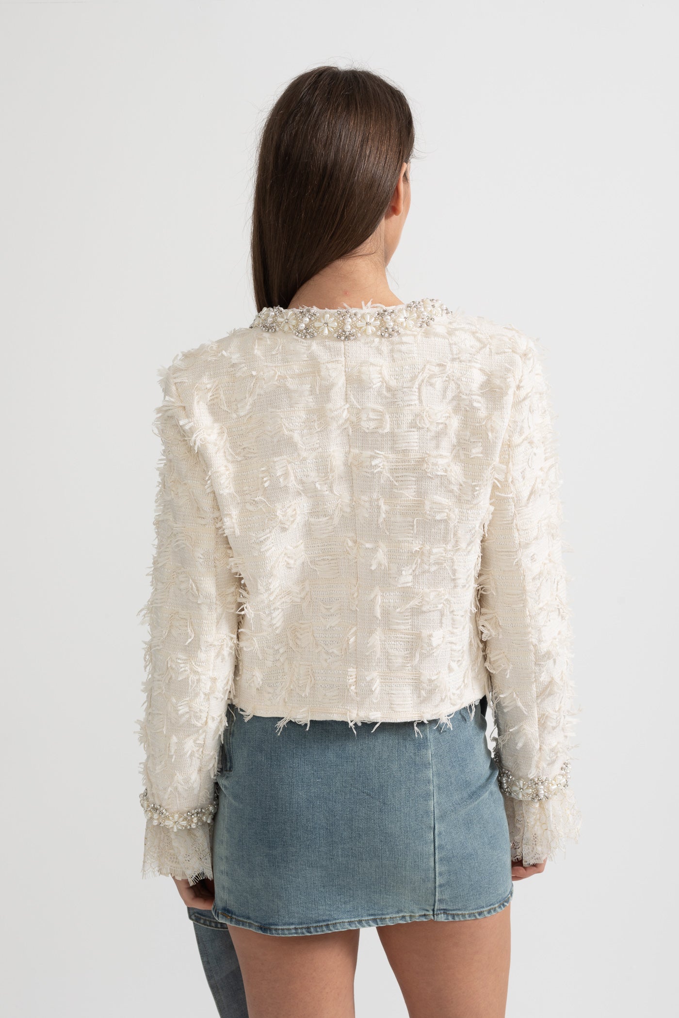 Textured Jacket Top with Pearl and Crystal Embellishments - Ivory