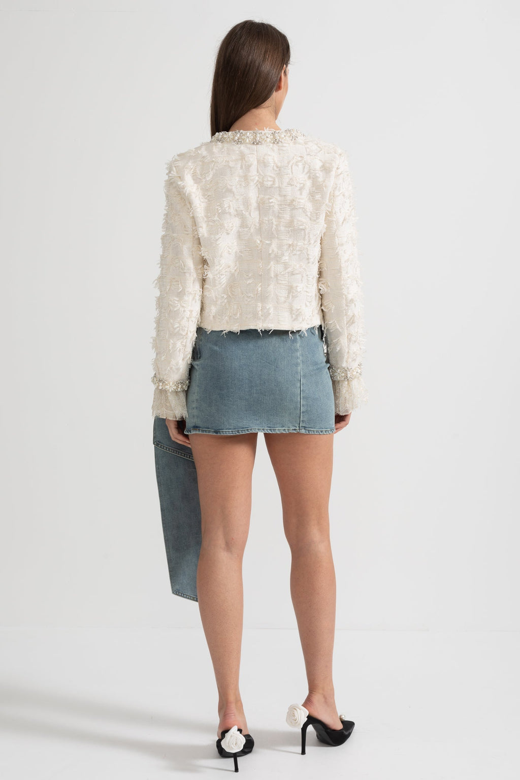 Textured Jacket Top with Pearl and Crystal Embellishments - Ivory