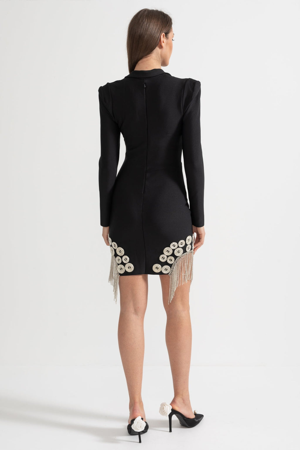 Crystal Embellished Blazer Dress With Structured Shoulders - Black