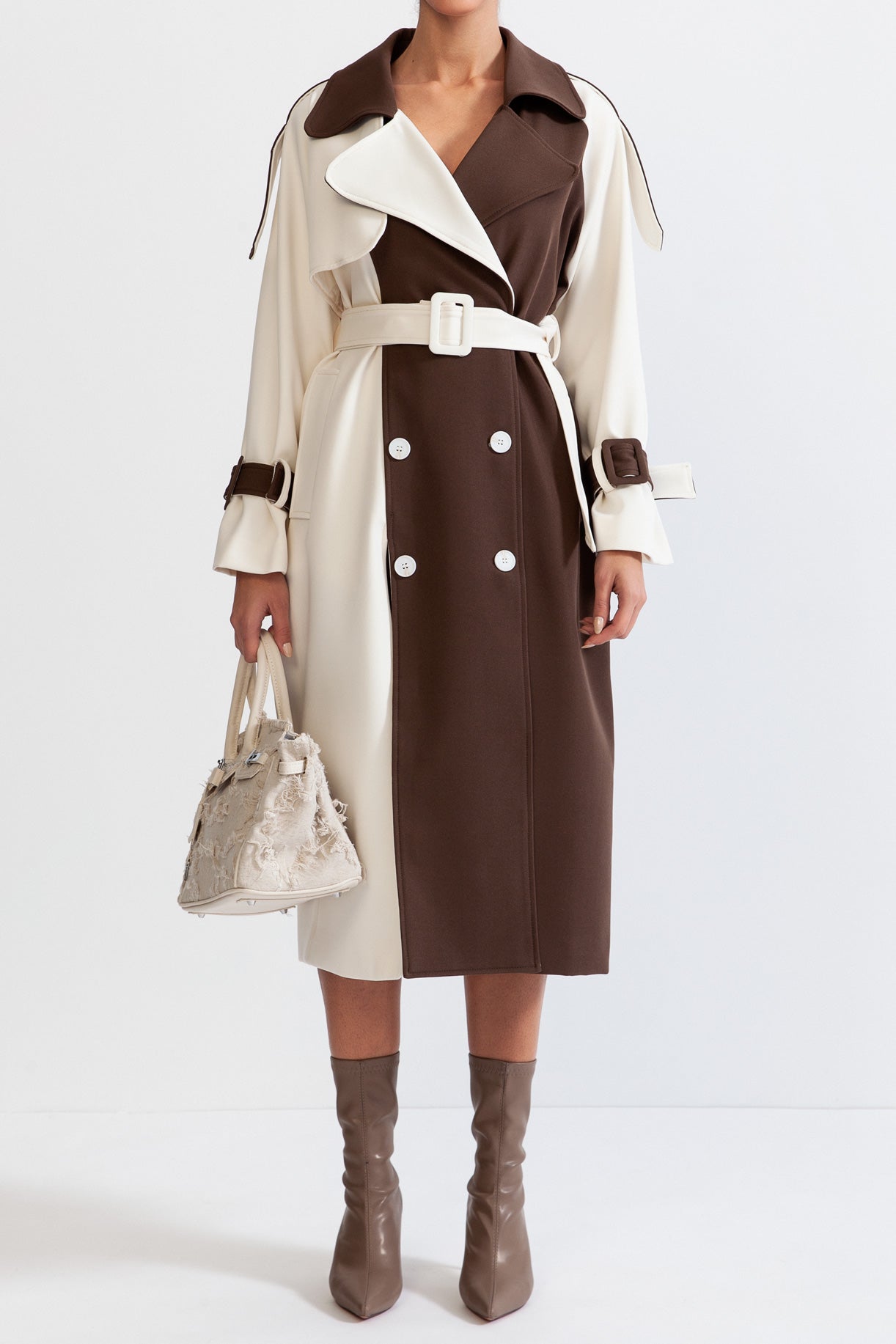 Angelica - Double Breasted Trench Coat - Cream & Brown