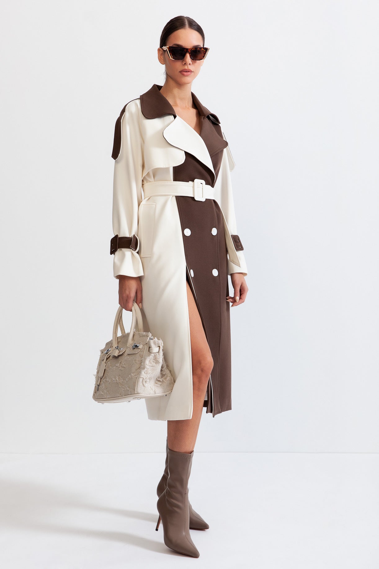 Angelica - Double Breasted Trench Coat - Cream & Brown