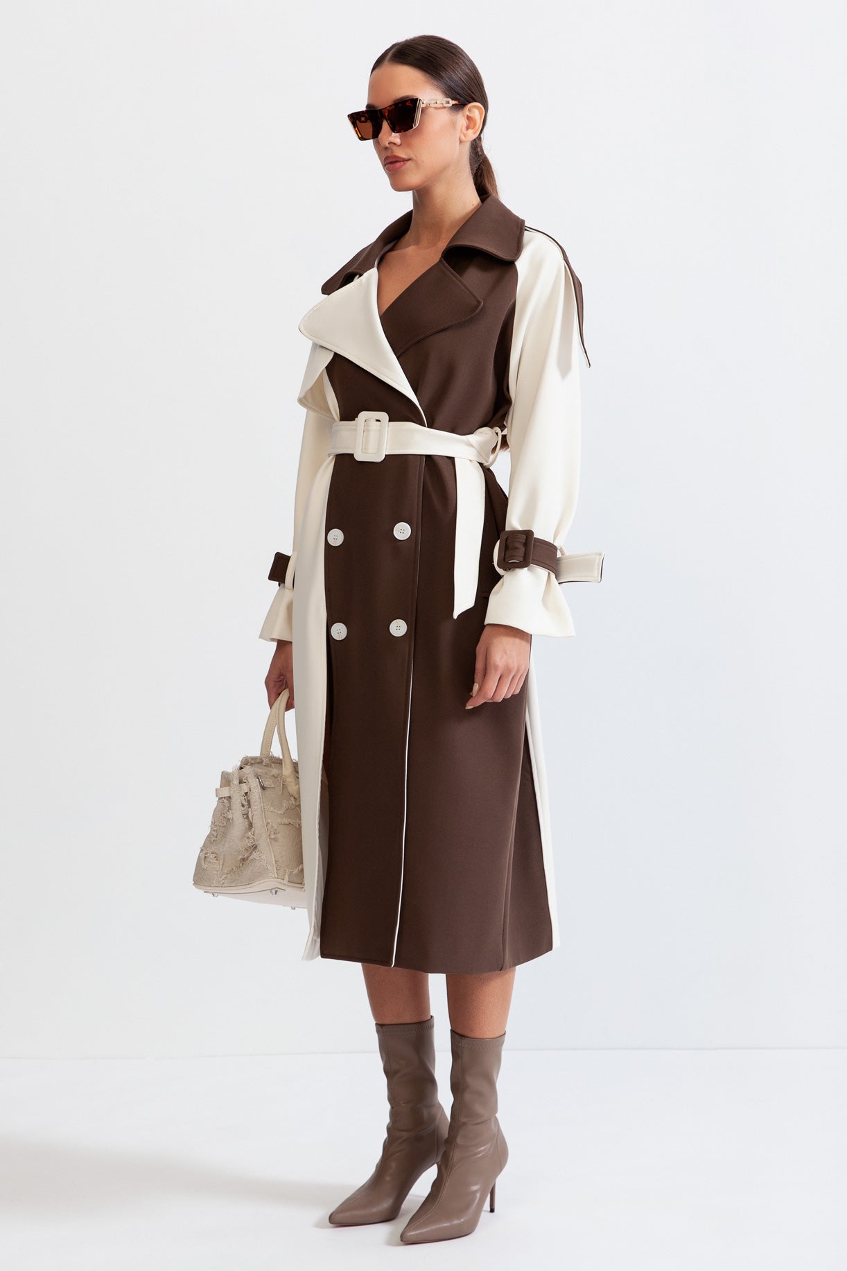 Angelica - Double Breasted Trench Coat - Cream & Brown
