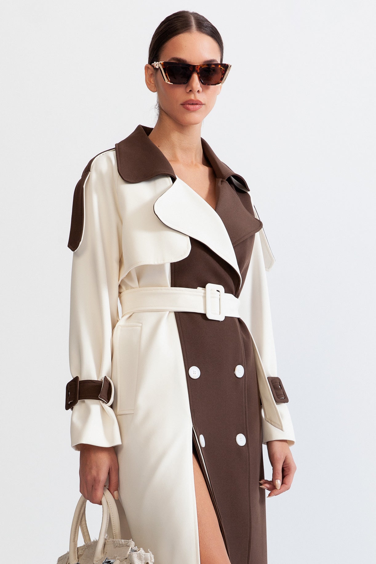Angelica - Double Breasted Trench Coat - Cream & Brown