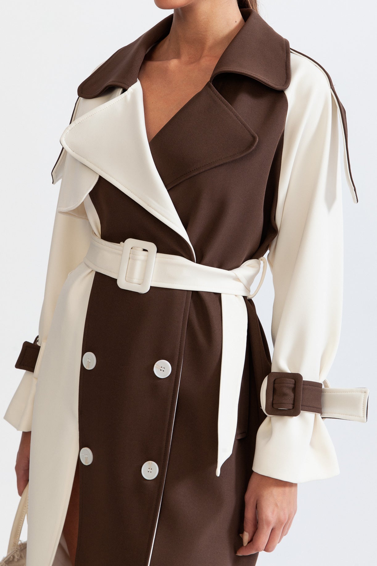 Angelica - Double Breasted Trench Coat - Cream & Brown